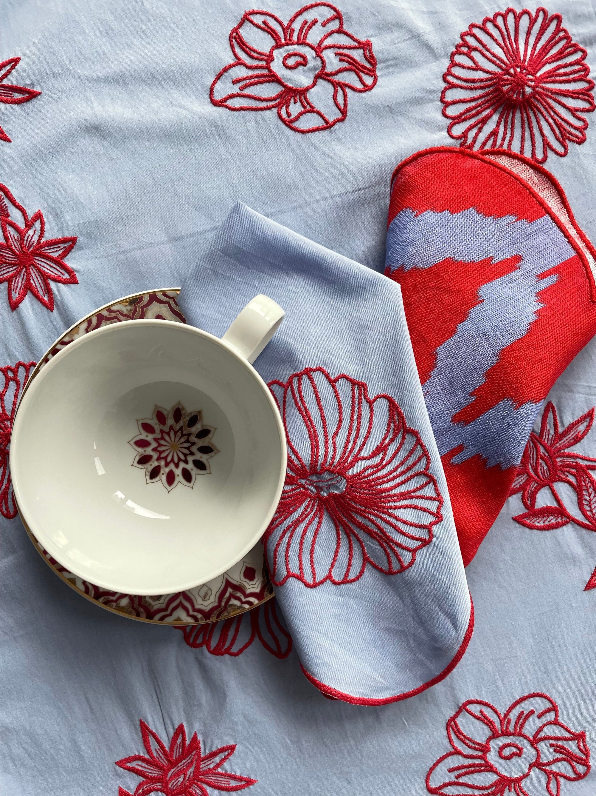 Tablecloth Red Flowers on Pastel Blue