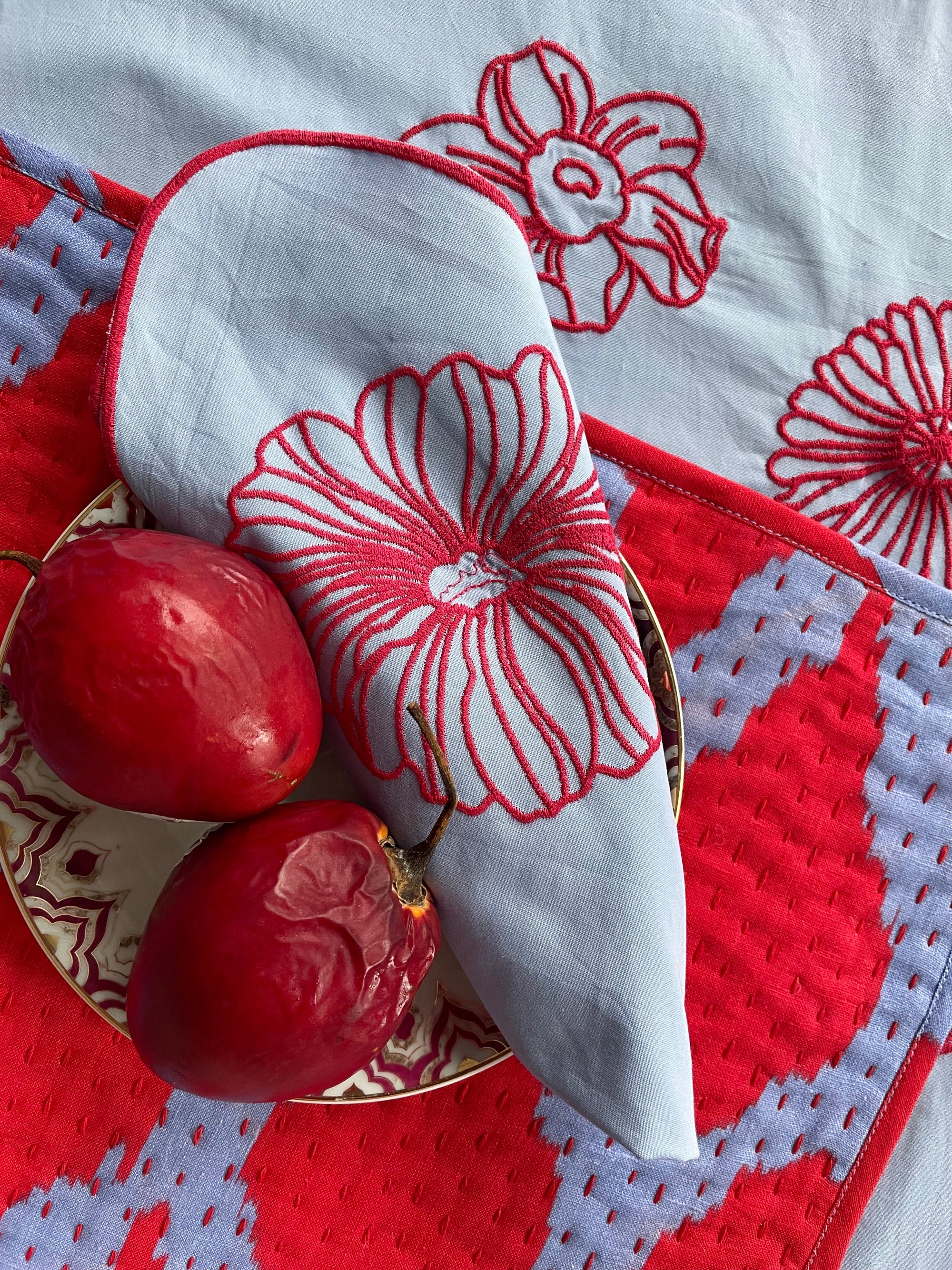 Tablecloth Red Flowers on Pastel Blue