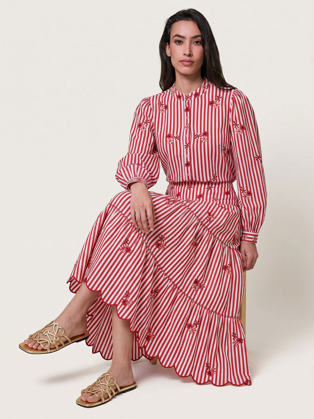 Amaryllis Blouse Flower Embroidery on Red Stripes