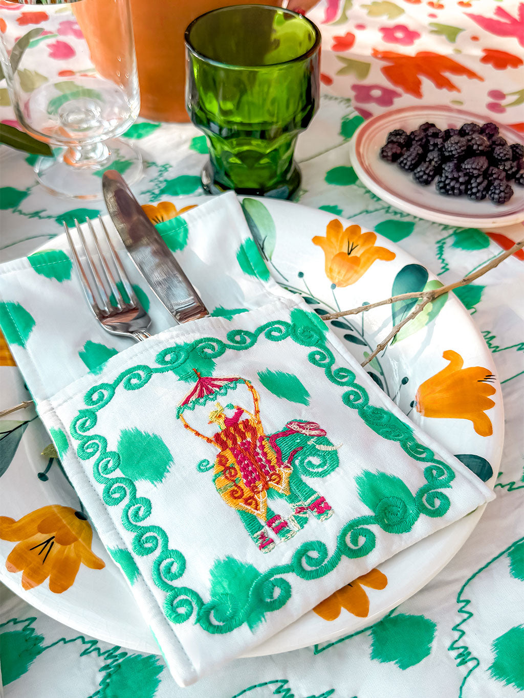 Cutlery Bag Dots Emerald Elephant Embroidery