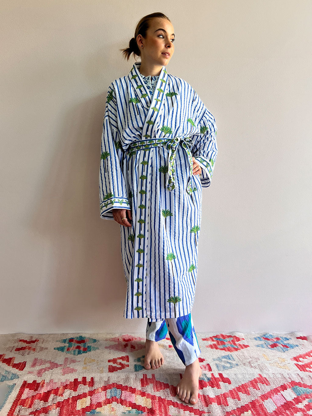 Kimono Palm on Blue Stripes