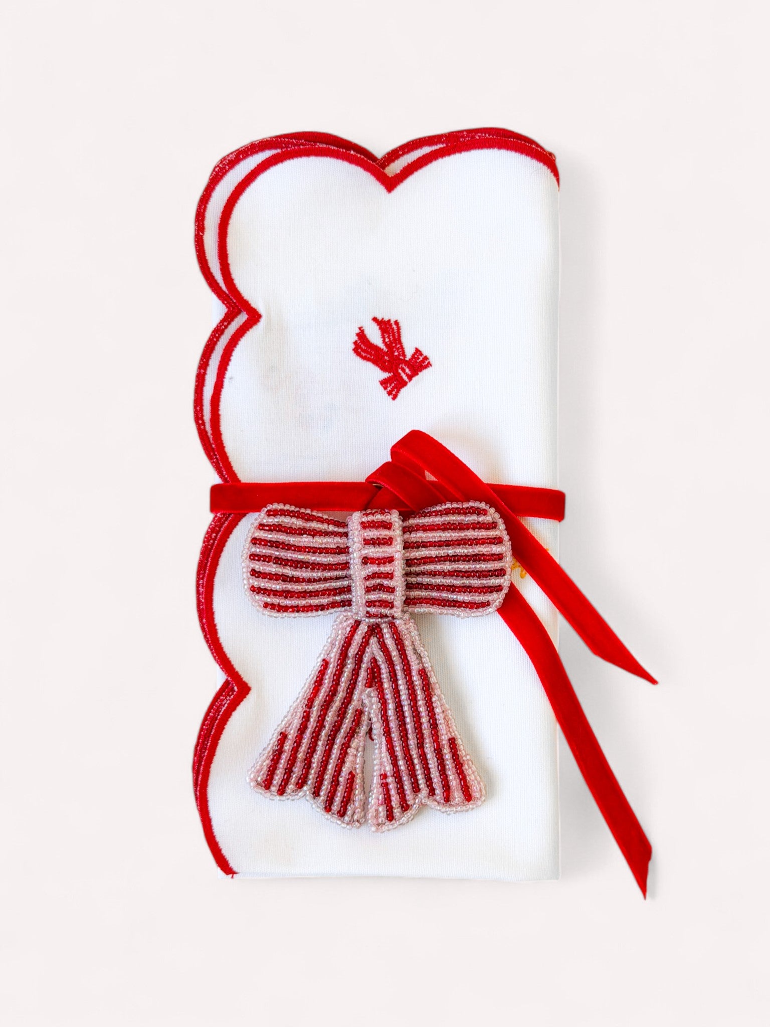 Bow Ornament with Pearls Red Stripes on Pale Pink