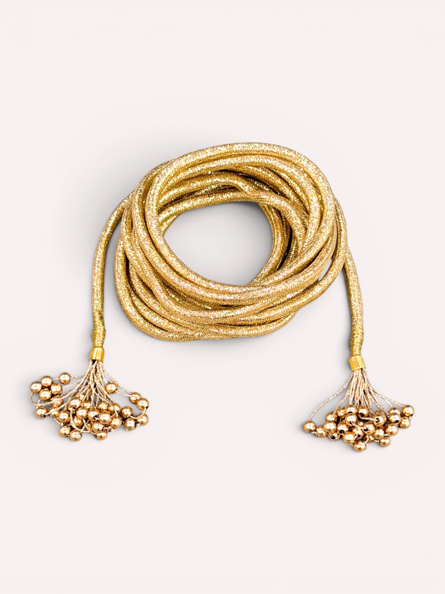 Long gold lurex cord belt with metallic bead tassels by Nimo With Love