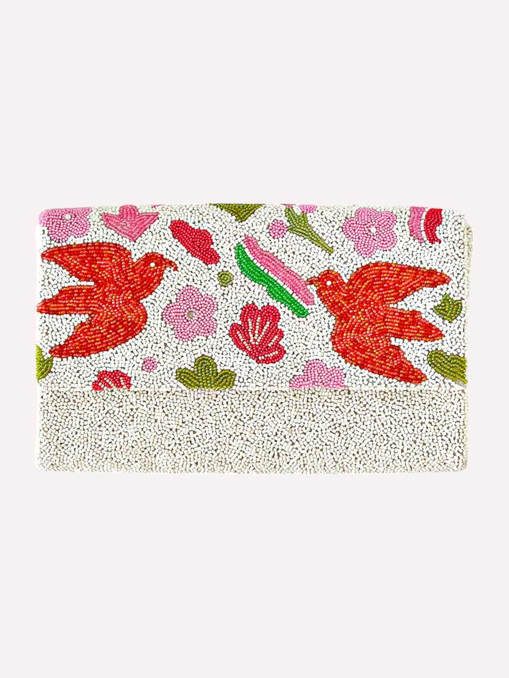 Decorative envelope bag clutch with red birds and pink flowers on a white background. Hand-beaded, artisanal luxury.