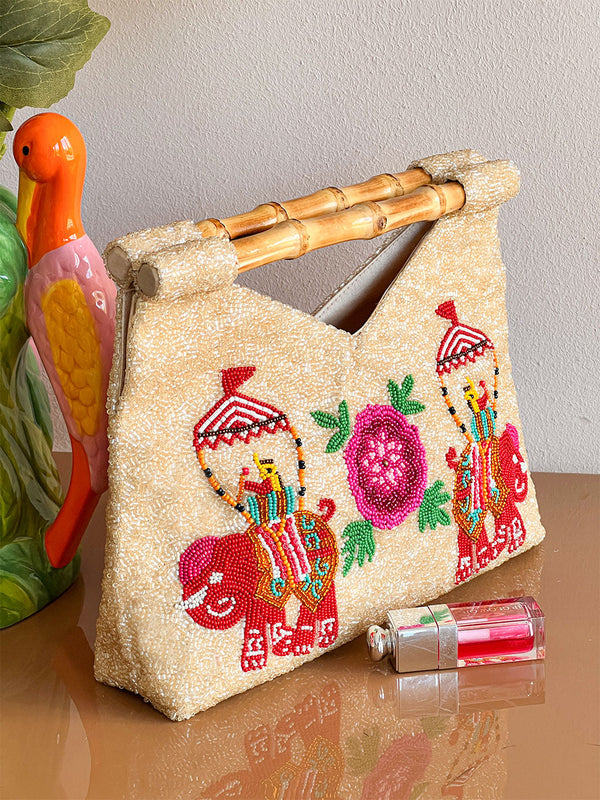Beaded Bamboo Bag Elephant Red