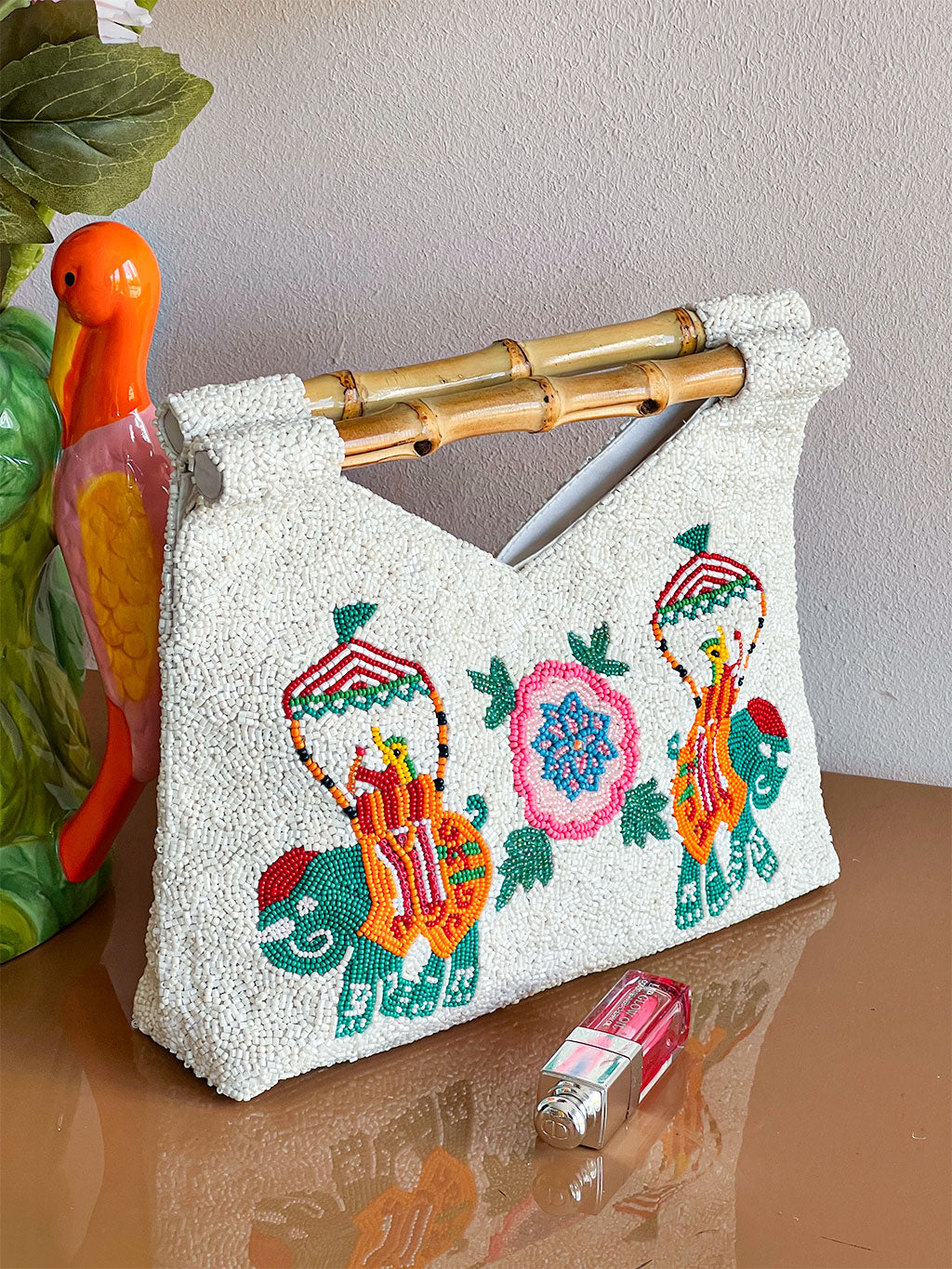 Beaded Bamboo Bag Elephant Emerald
