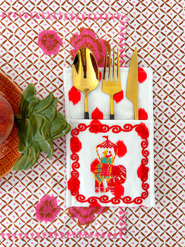 Cutlery Bag Dots Red Elephant Embroidery