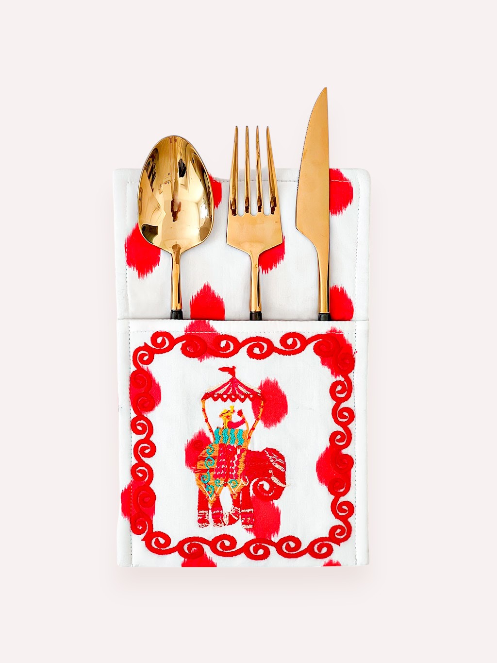 Cutlery Bag Dots Red Elephant Embroidery