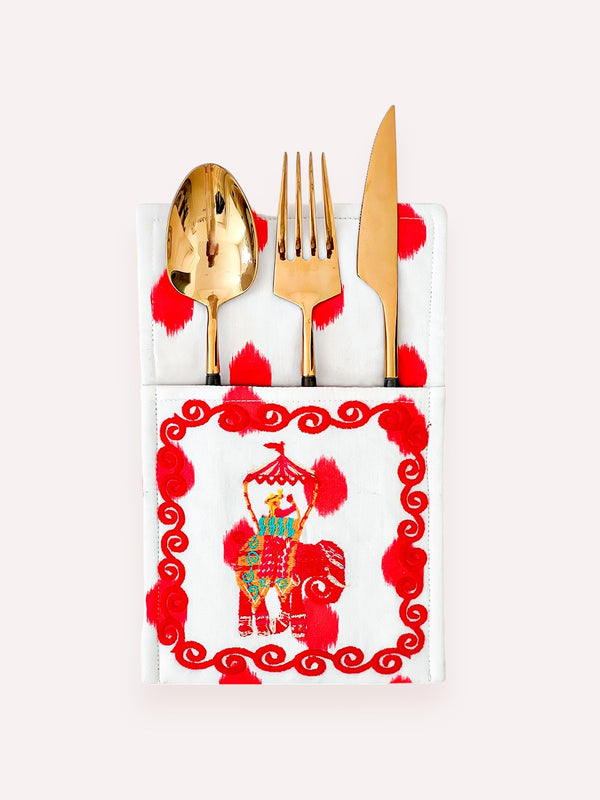 Cutlery Bag Dots Red Elephant Embroidery