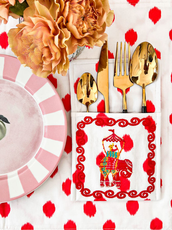 Cutlery Bag Dots Red Elephant Embroidery