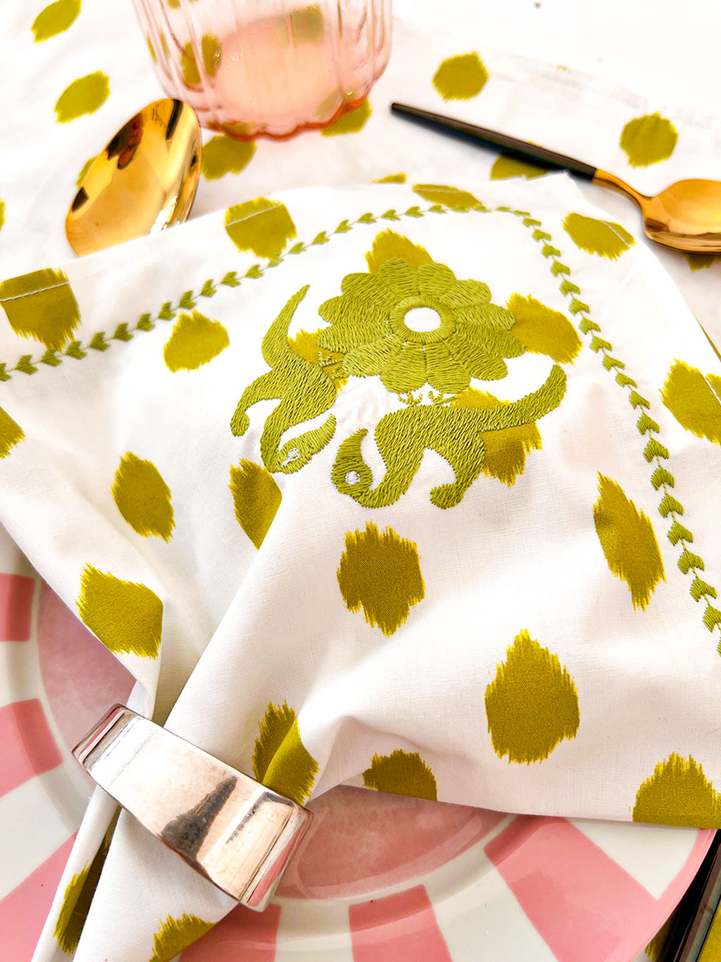 Napkin Dots Green Gujarat Birds Embroidery