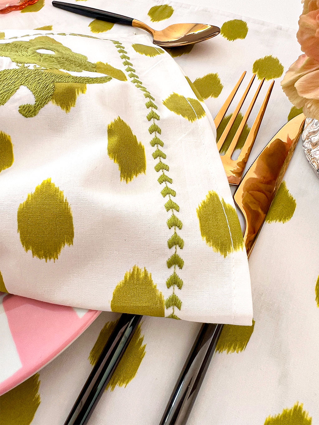 Napkin Dots Green Gujarat Birds Embroidery