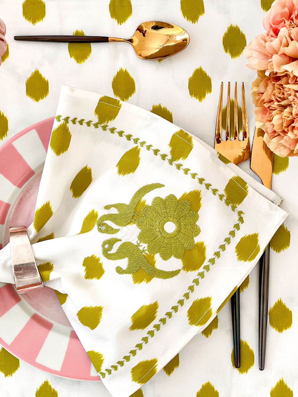 Napkin Dots Green Gujarat Birds Embroidery