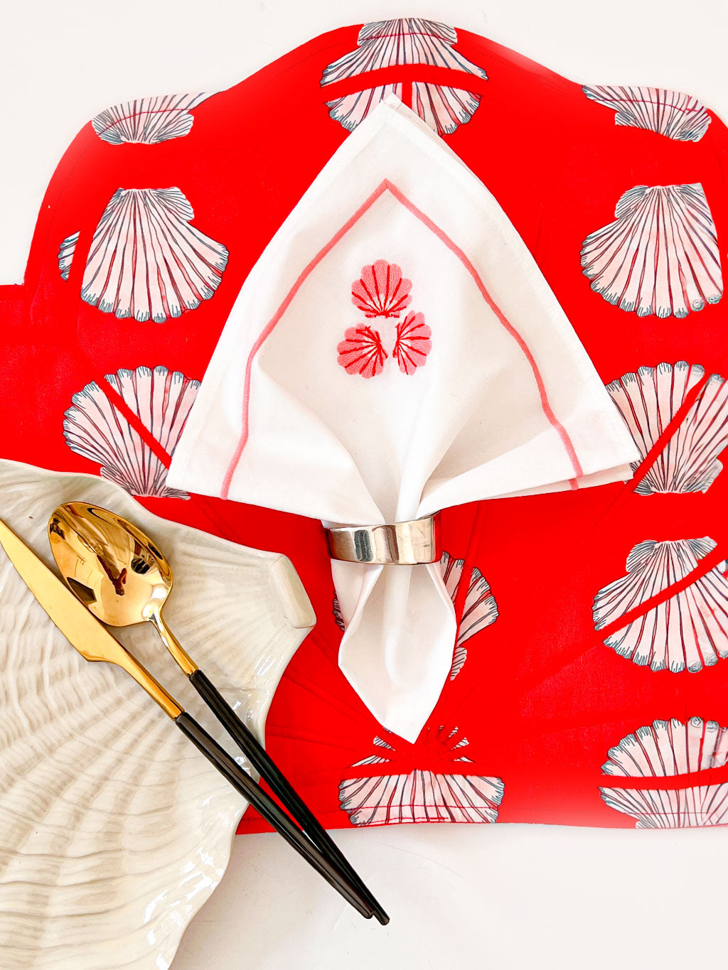 Napkin Red Shell Embroidery on White