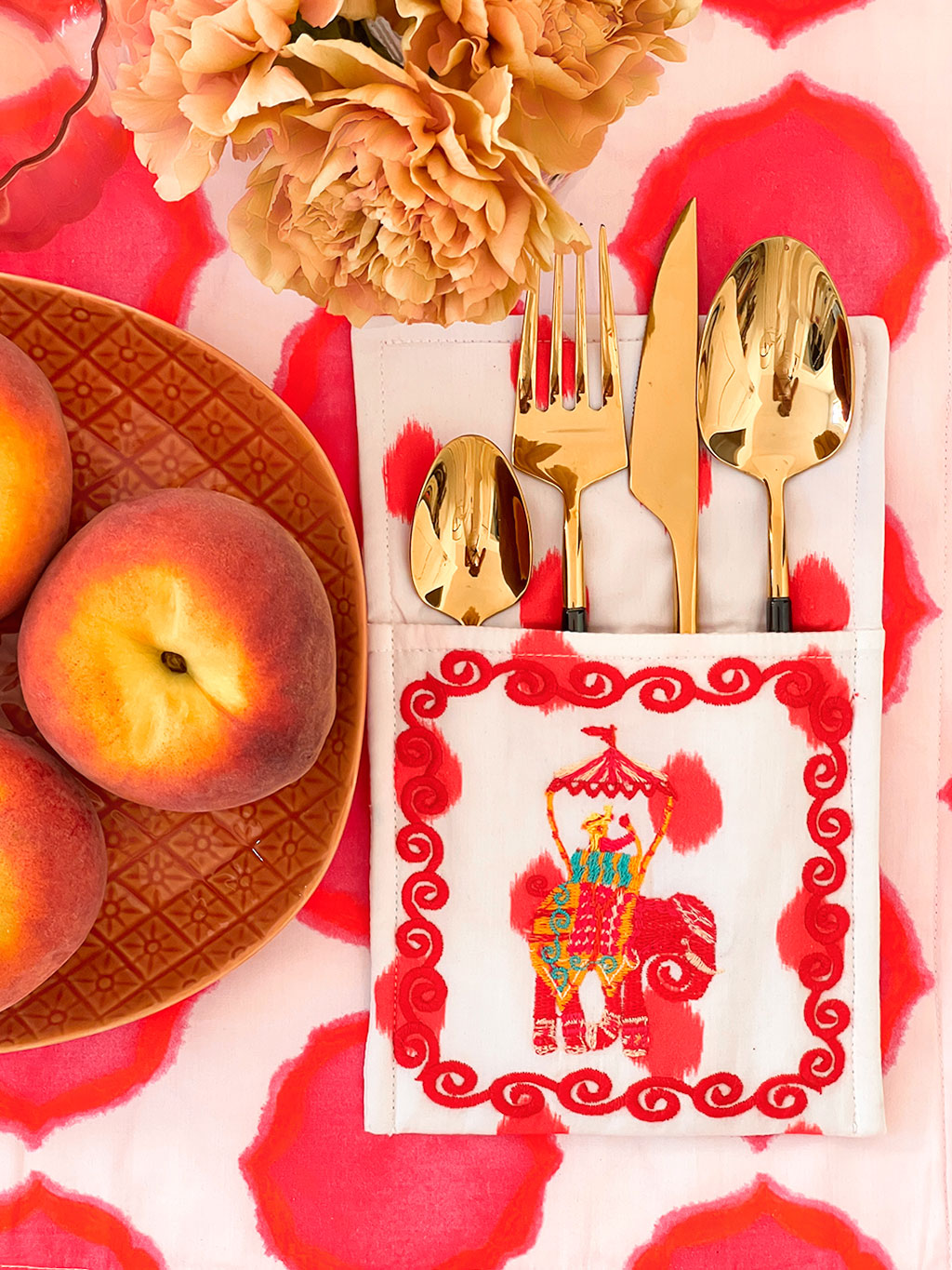 Cutlery Bag Dots Red Elephant Embroidery