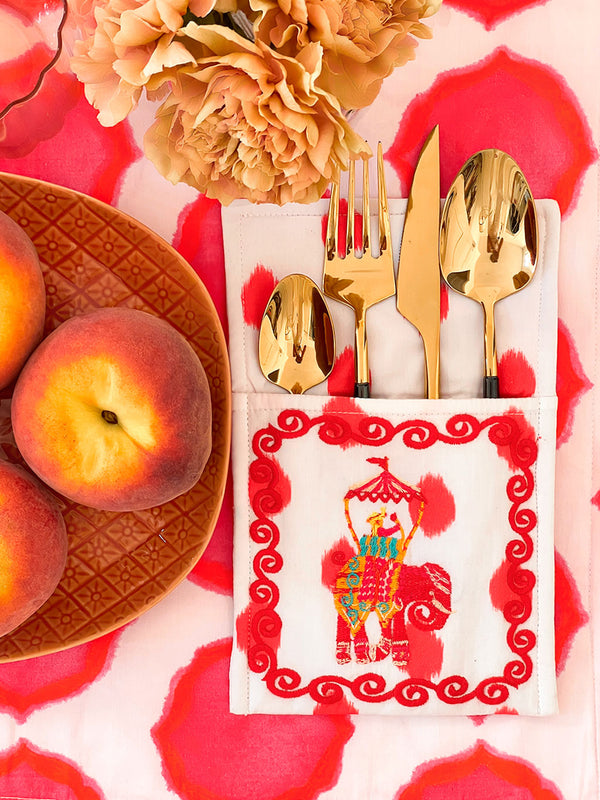 Cutlery Bag Dots Red Elephant Embroidery