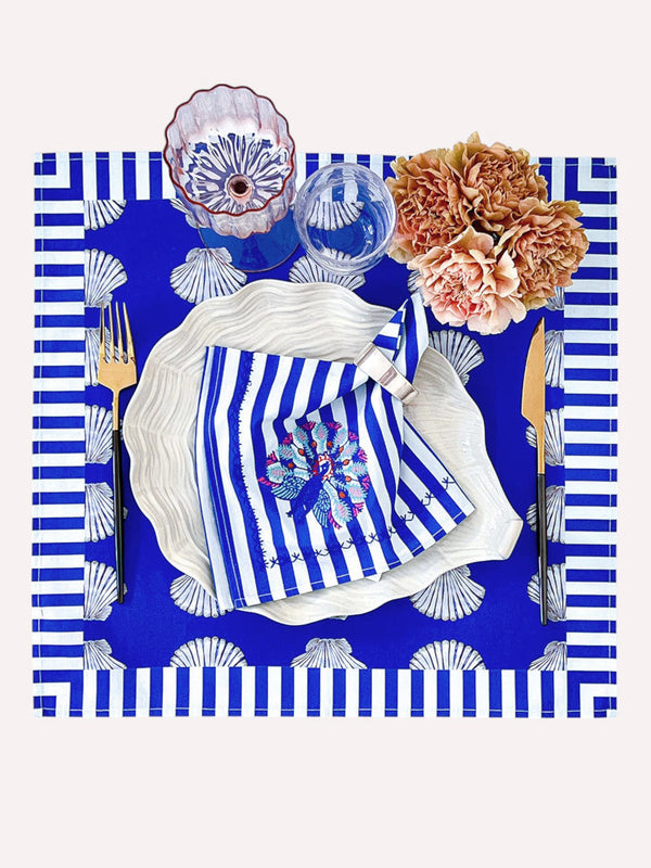 Napkin Blue Stripes Peacock Embroidery