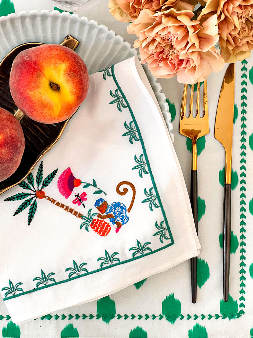 Napkin Monkey Embroidery on White