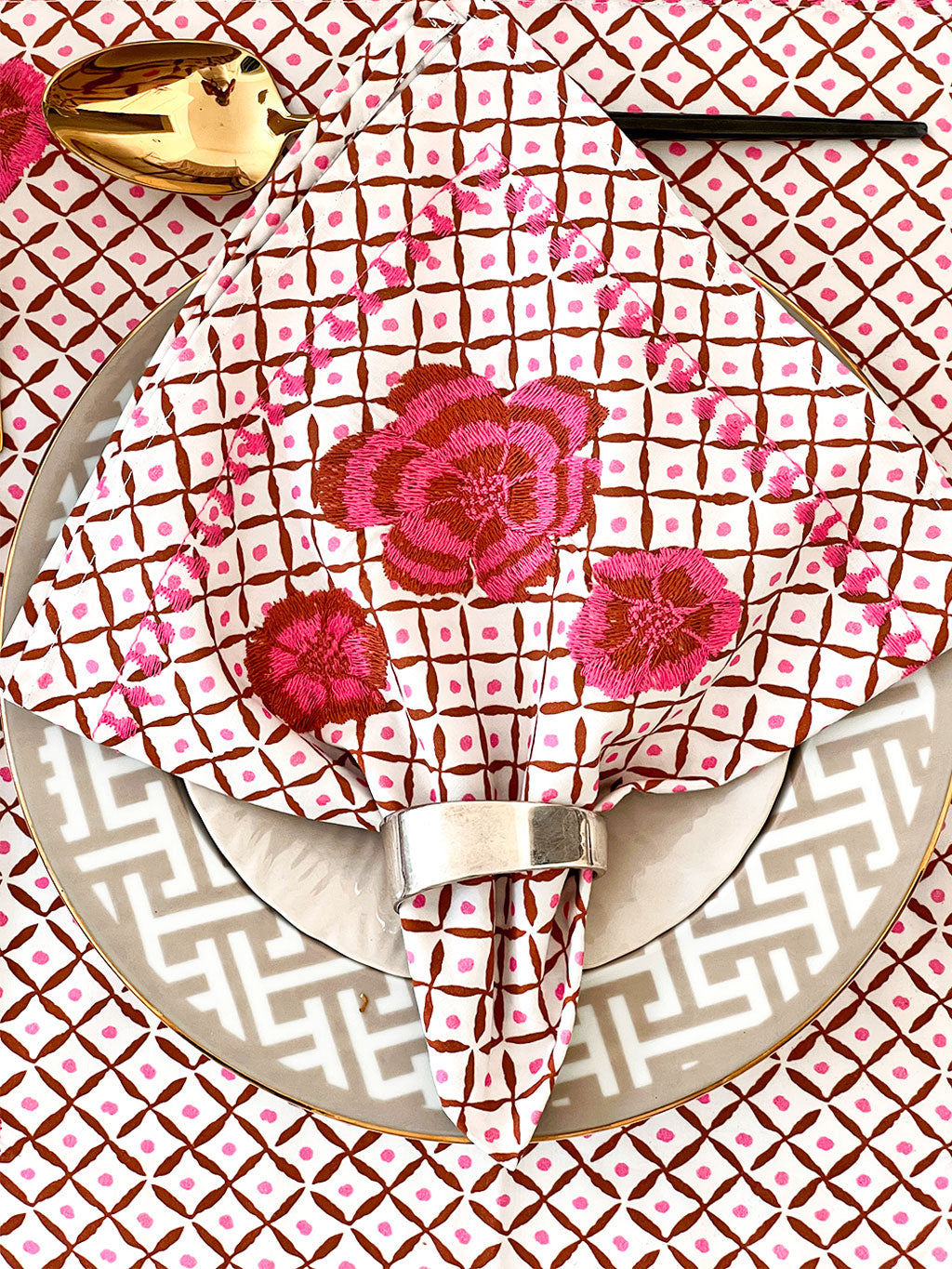 Napkin Dotty Mustard Peony Embroidery