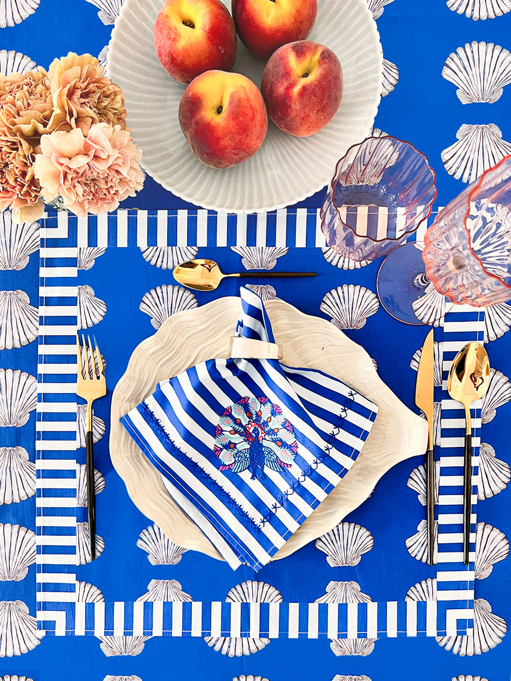 Table Cloth Shells on Blue with Ruffle
