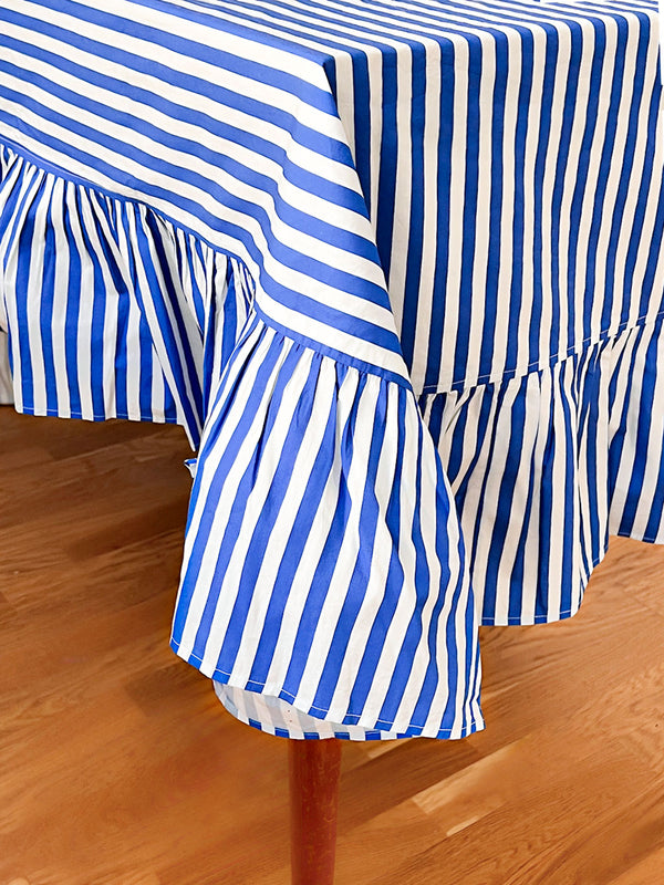 Table Cloth Blue Stripes  with Ruffle
