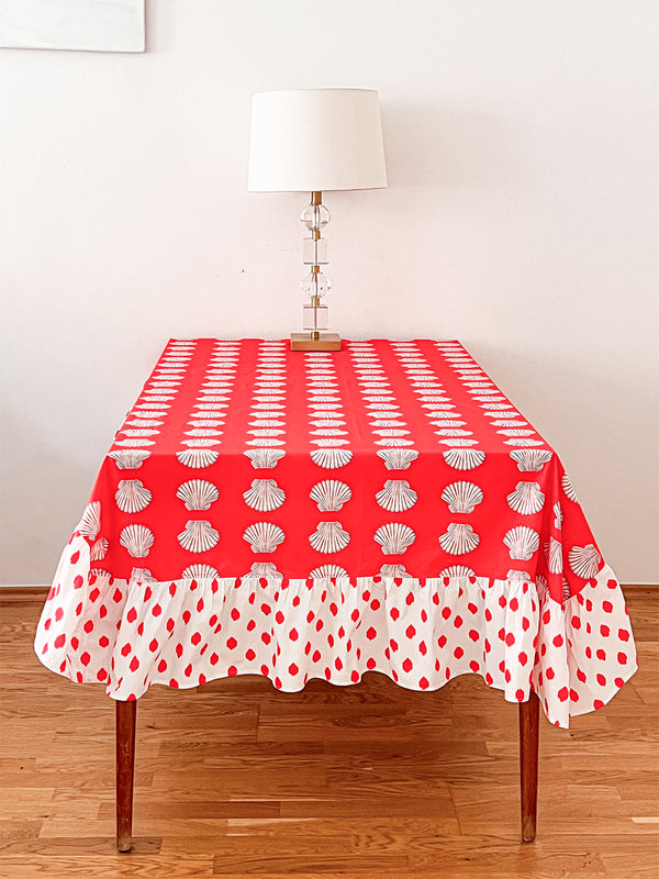 Table Cloth Shells on Red with Ruffle Dots Red