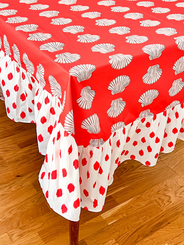 Table Cloth Shells on Red with Ruffle Dots Red