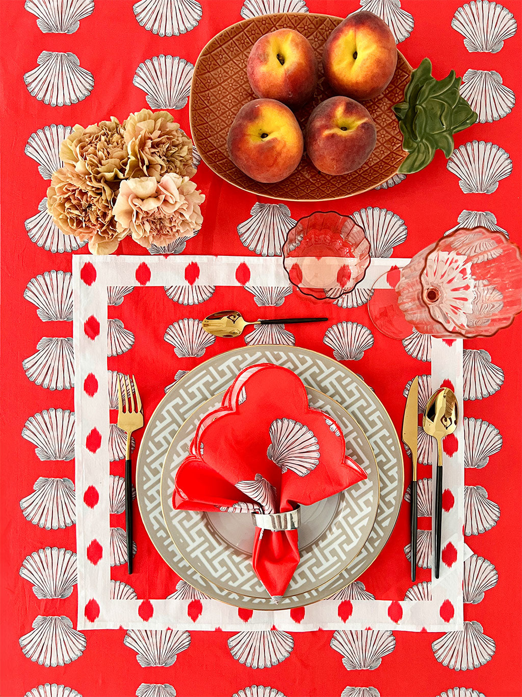 Table Cloth Shells on Red with Ruffle Dots Red
