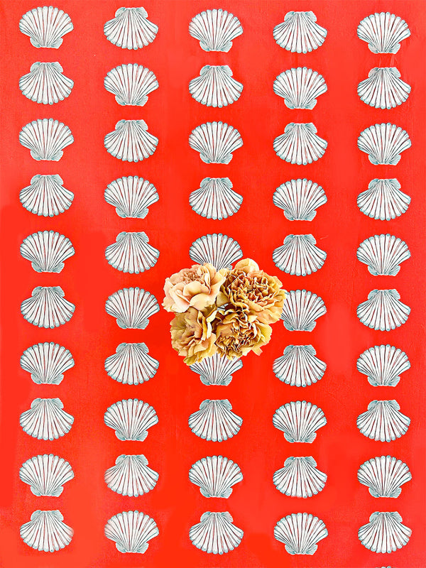 Table Cloth Shells on Red with Ruffle Dots Red