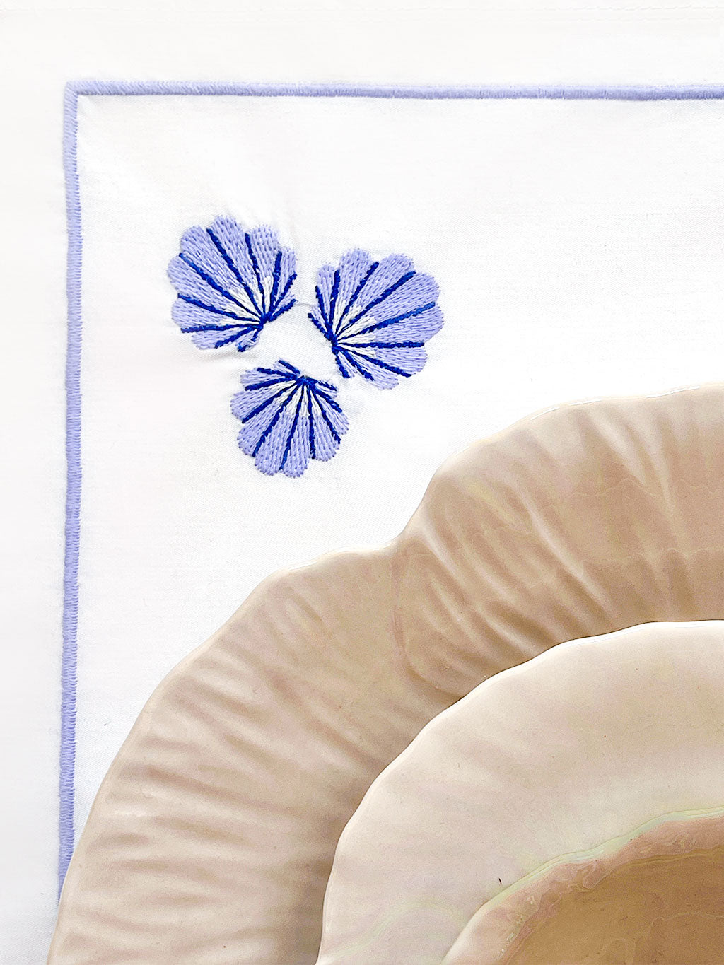 Napkin Blue Shell Embroidery on White