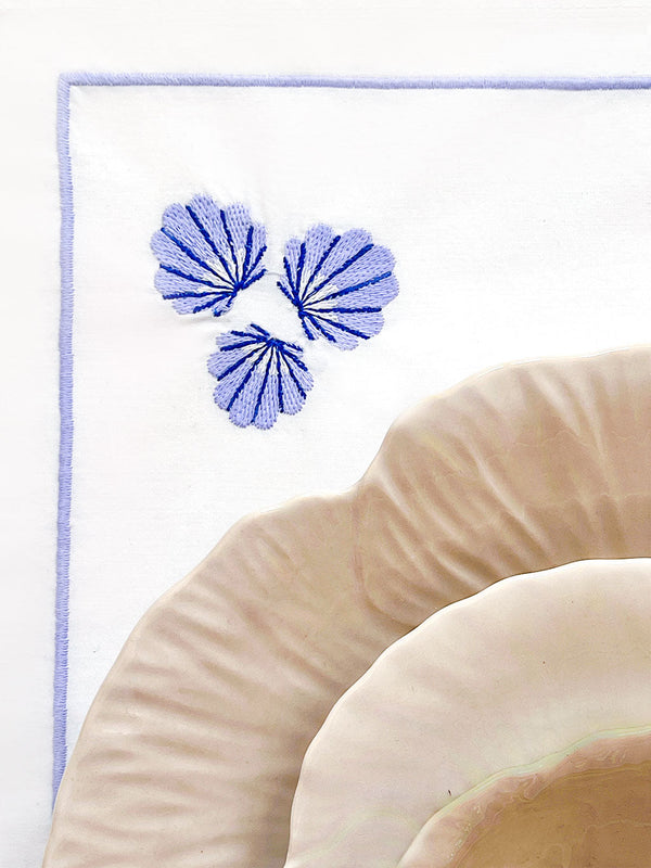 Napkin Blue Shell Embroidery on White