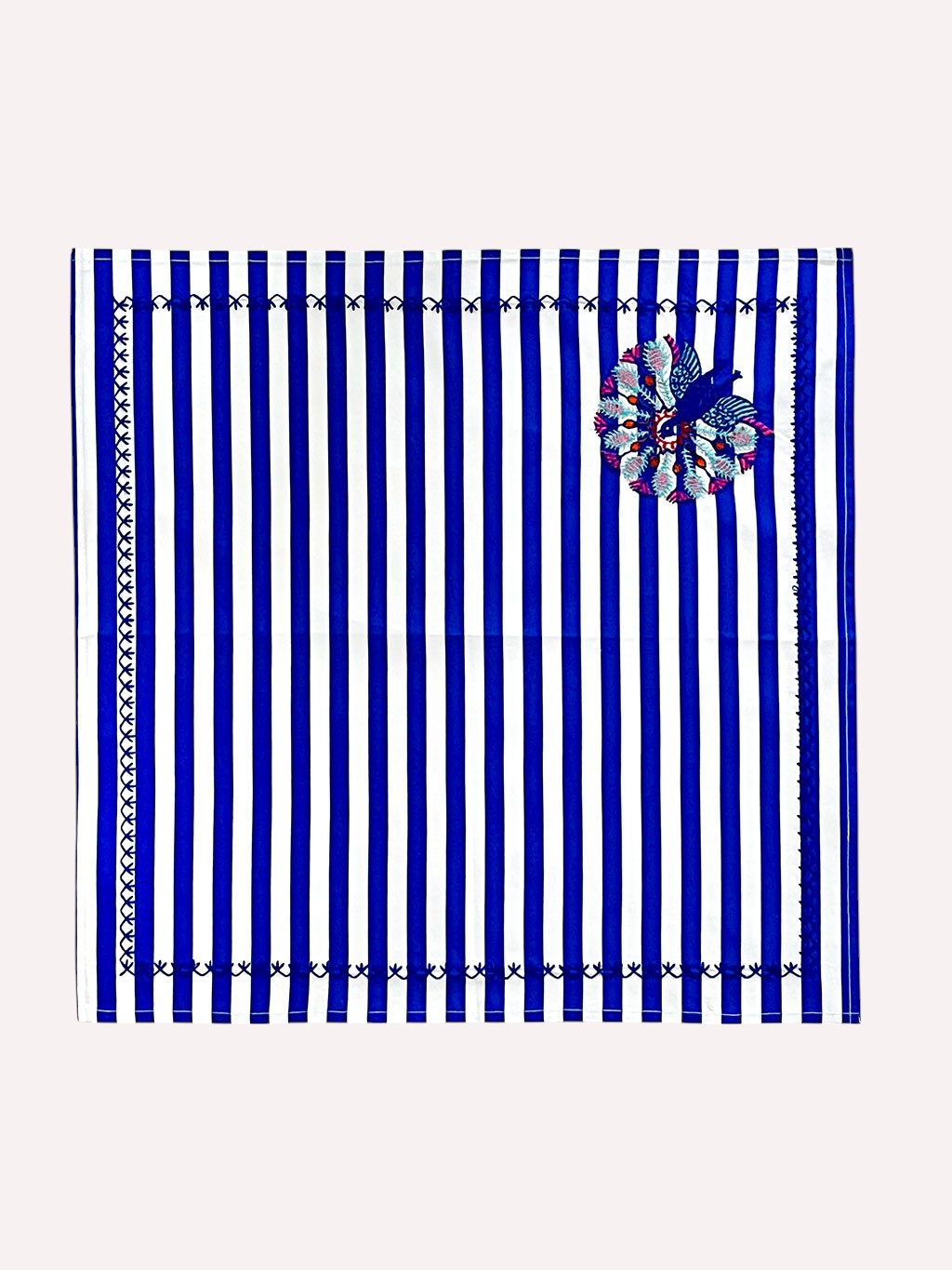 Napkin Blue Stripes Peacock Embroidery