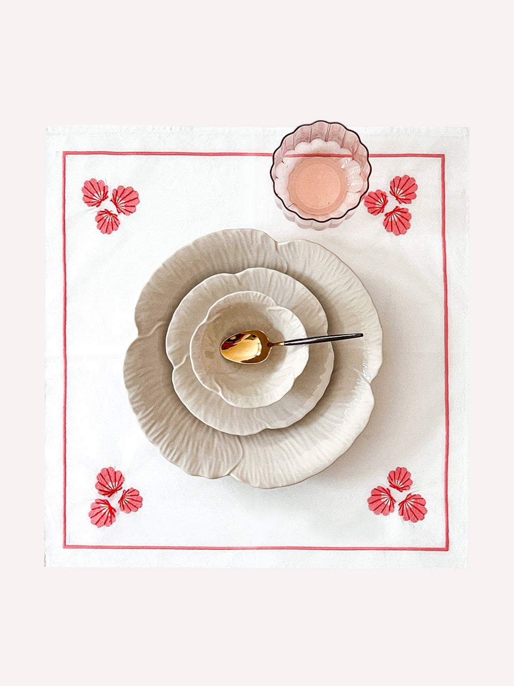 Napkin Red Shell Embroidery on White