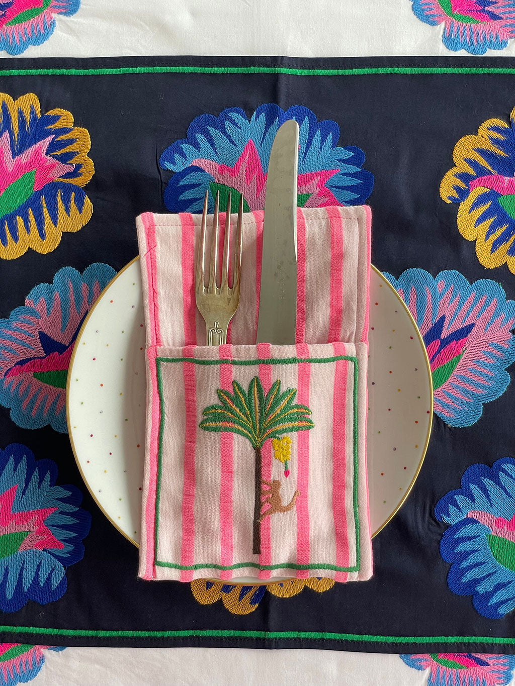 Cutlery Pocket Palm on Pink Stripes