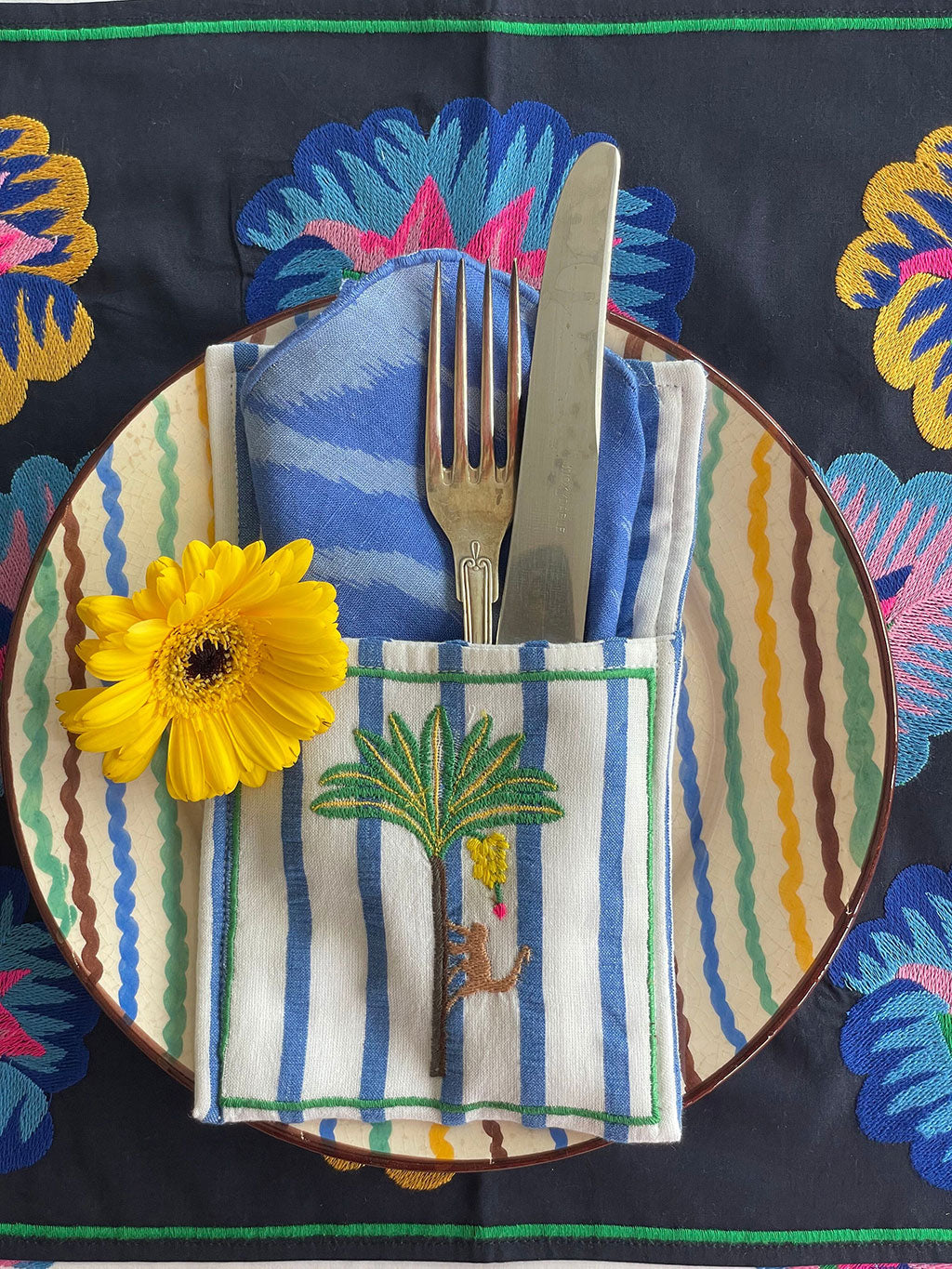 Cutlery Pocket Palm on Blue Stripes