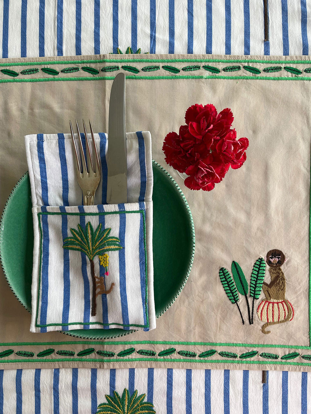 Cutlery Pocket Palm on Blue Stripes