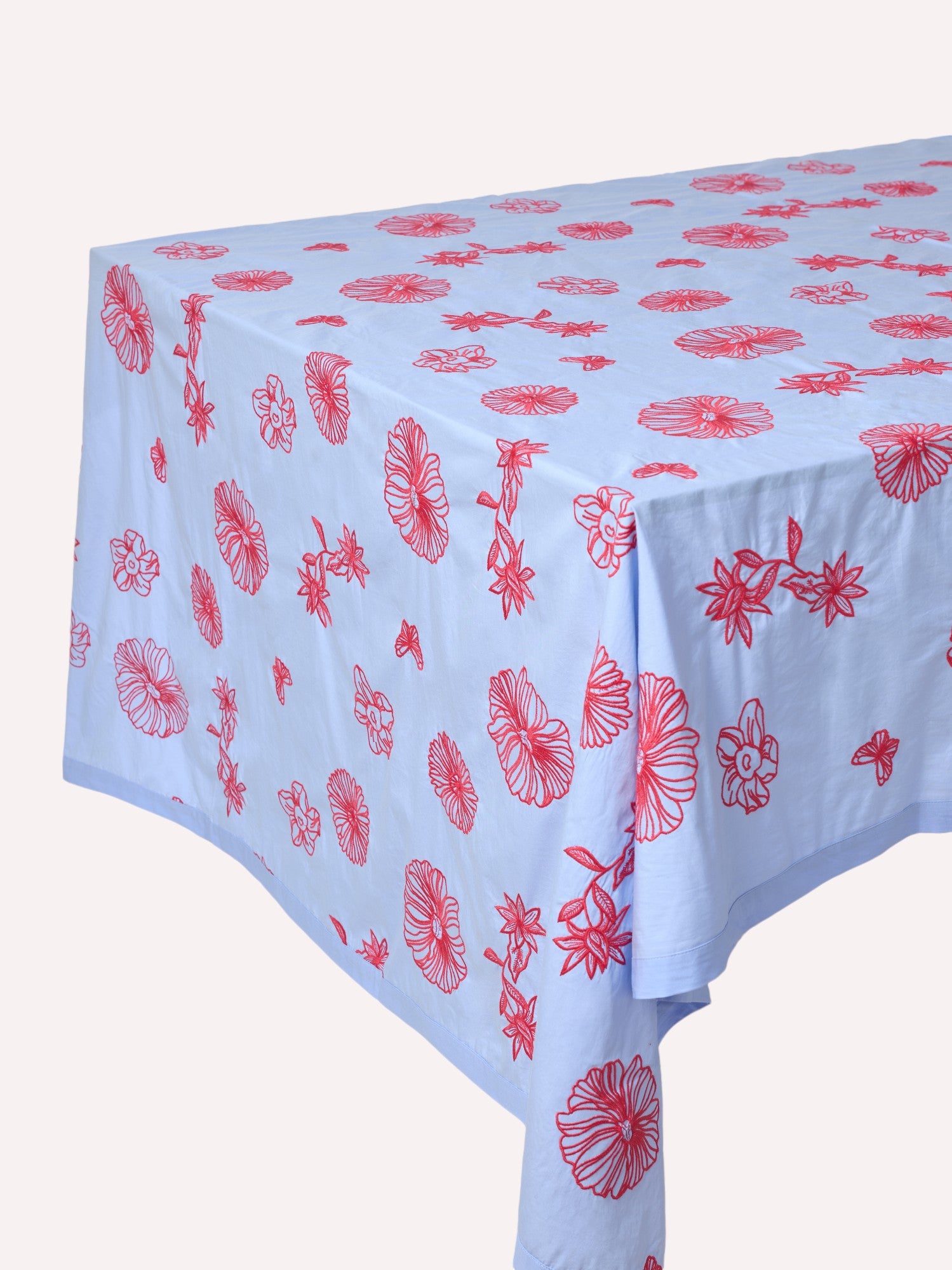 Tablecloth Red Flowers on Pastel Blue