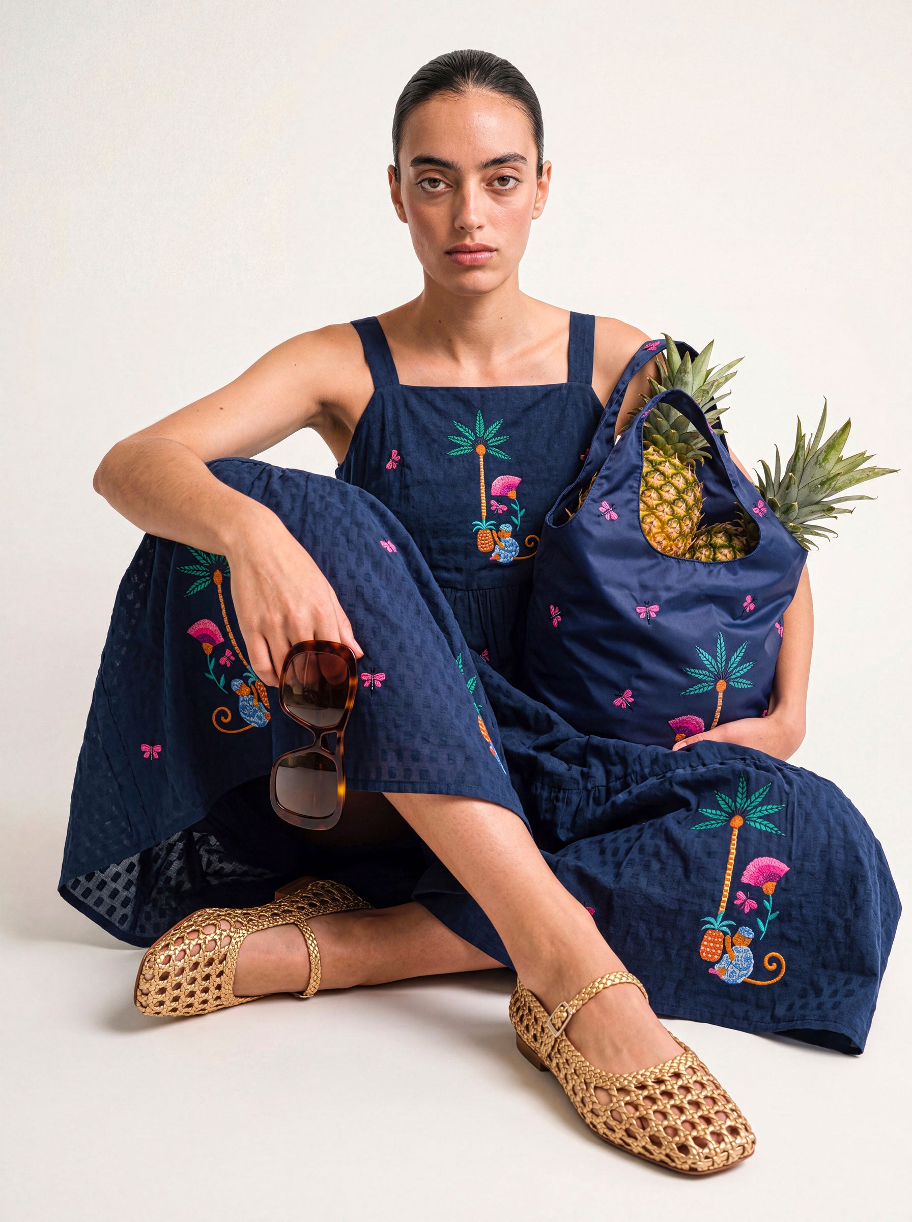 Cornflower Dress Monkey Embroidery on Navy