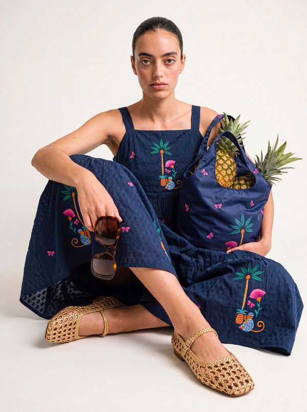 Cornflower Dress Monkey Embroidery on Navy