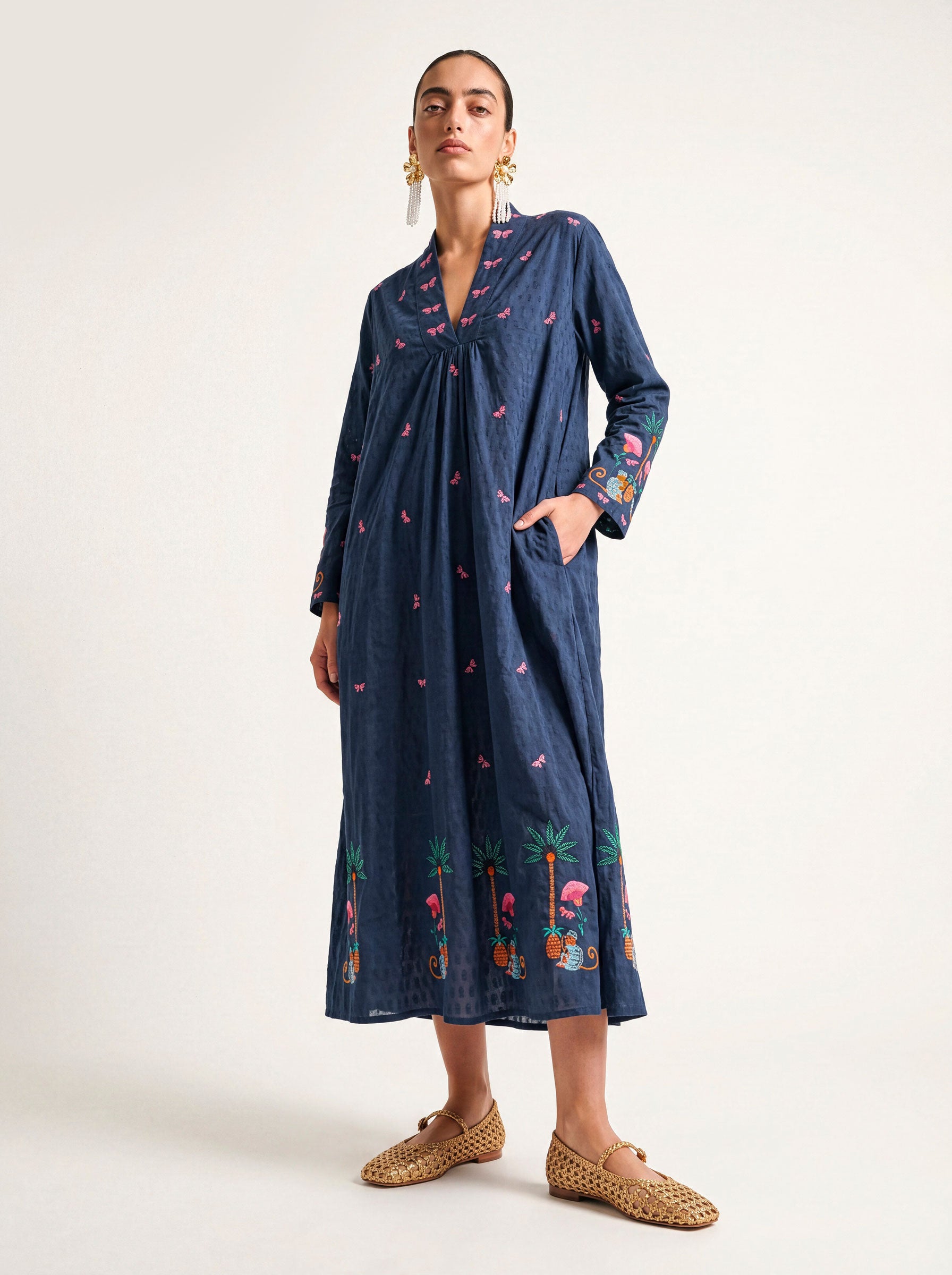 Sandalwood Dress Monkey Embroidery on Navy