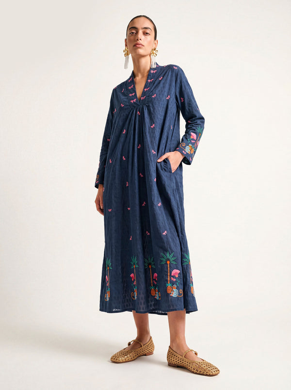 Sandalwood Dress Monkey Embroidery on Navy