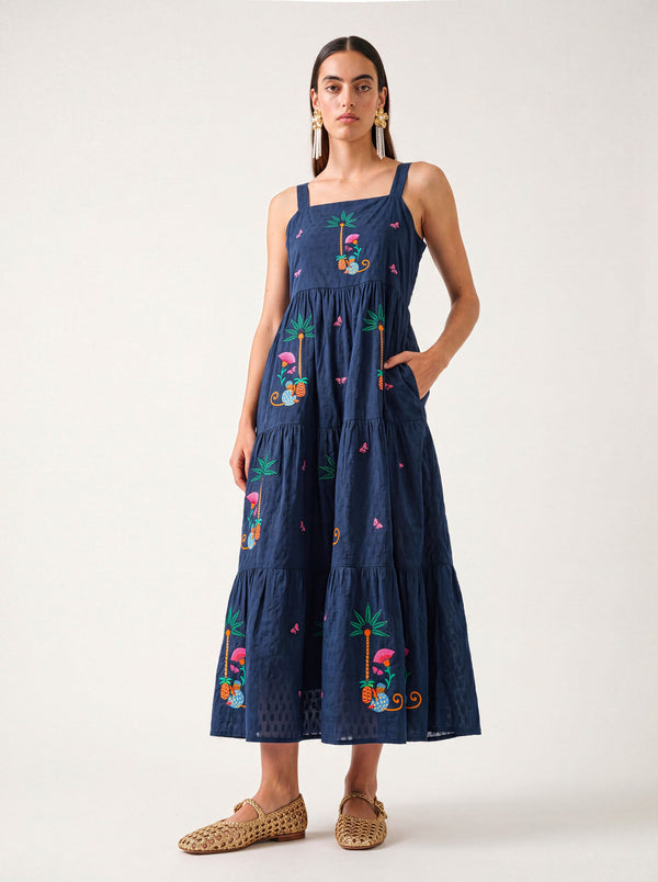 Cornflower Dress Monkey Embroidery on Navy