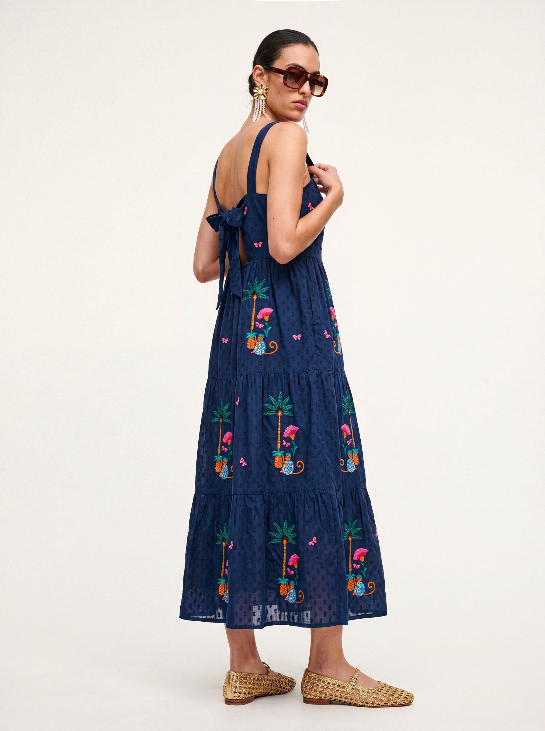 Cornflower Dress Monkey Embroidery on Navy