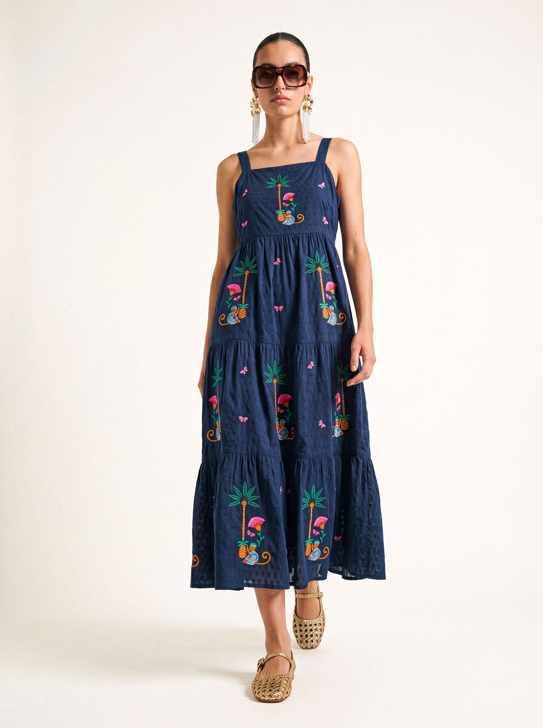 Cornflower Dress Monkey Embroidery on Navy