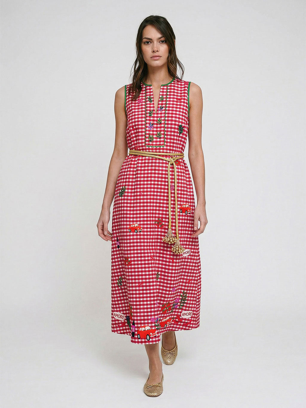 Sophisticated mediterranean look featuring the gold wrap-around cord belt