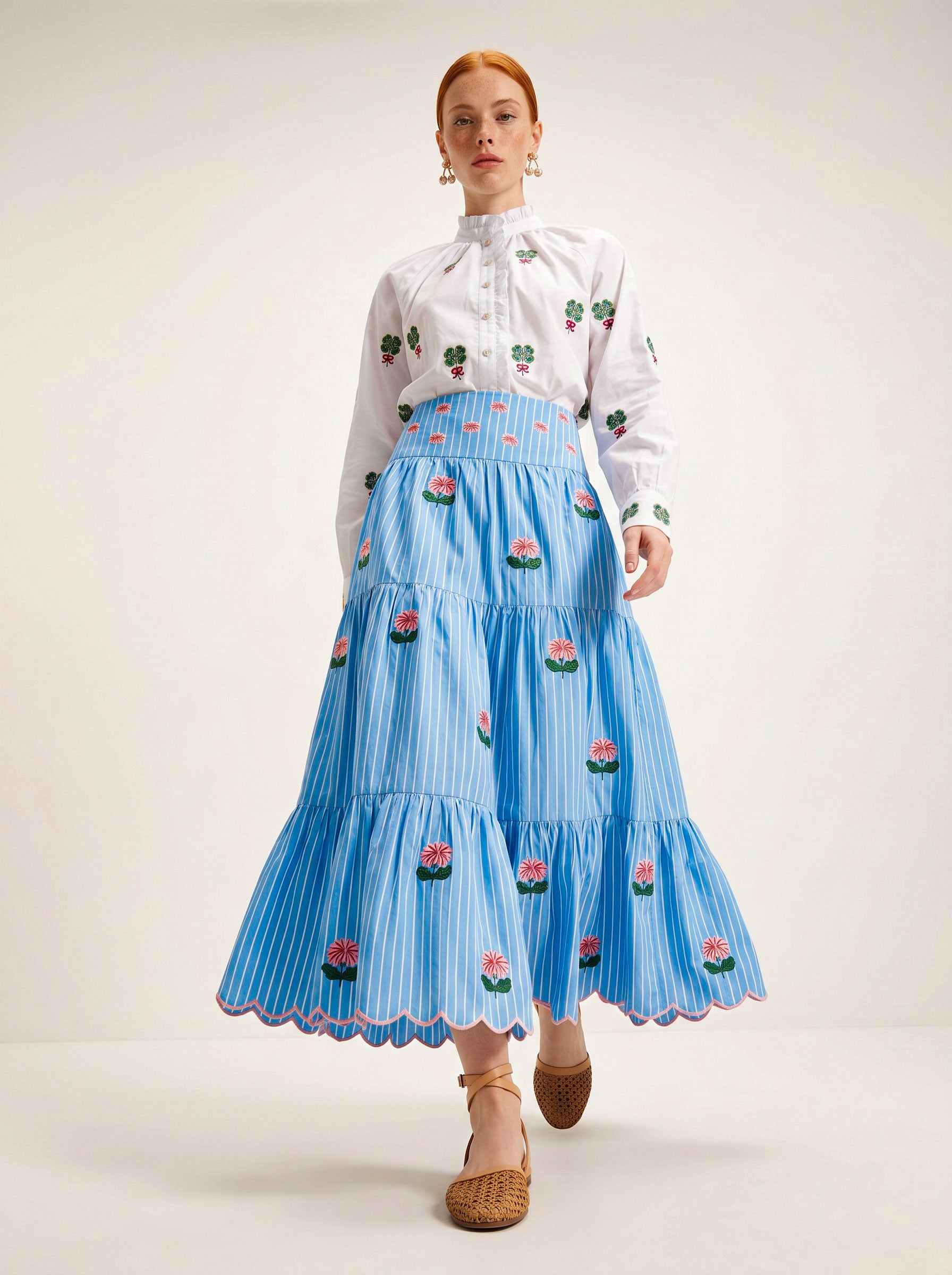 Blue Monkswood Skirt Blue Stripes Flower Embroidery