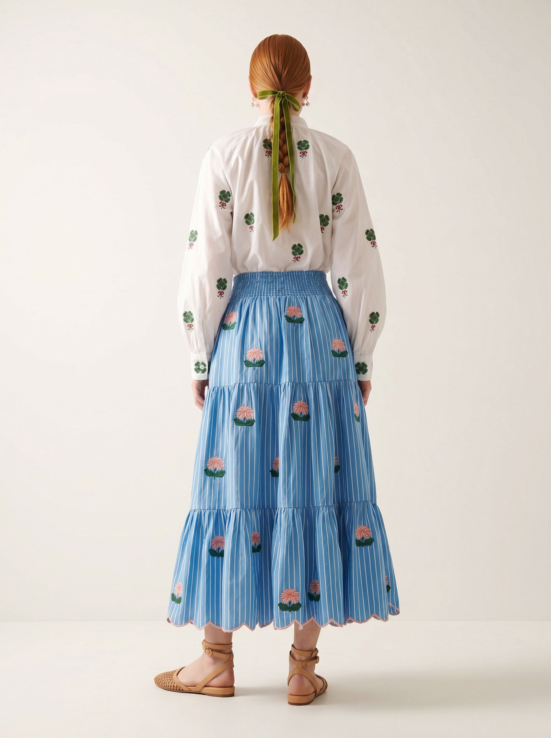 Blue Monkswood Skirt Blue Stripes Flower Embroidery