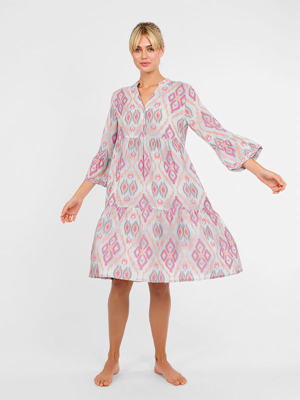 Detailed shot of the feminine flared 3/4-sleeves on the premium linen Borage dress.