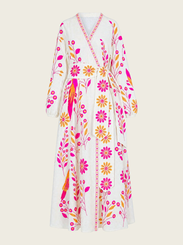 Caju Dress Pink Parrot Embroidery