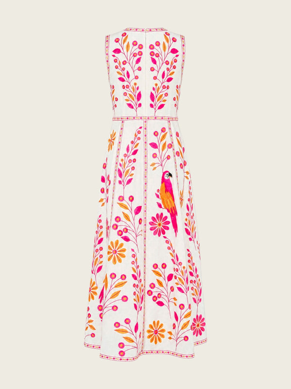Carambula Dress Pink Parrot Embroidery